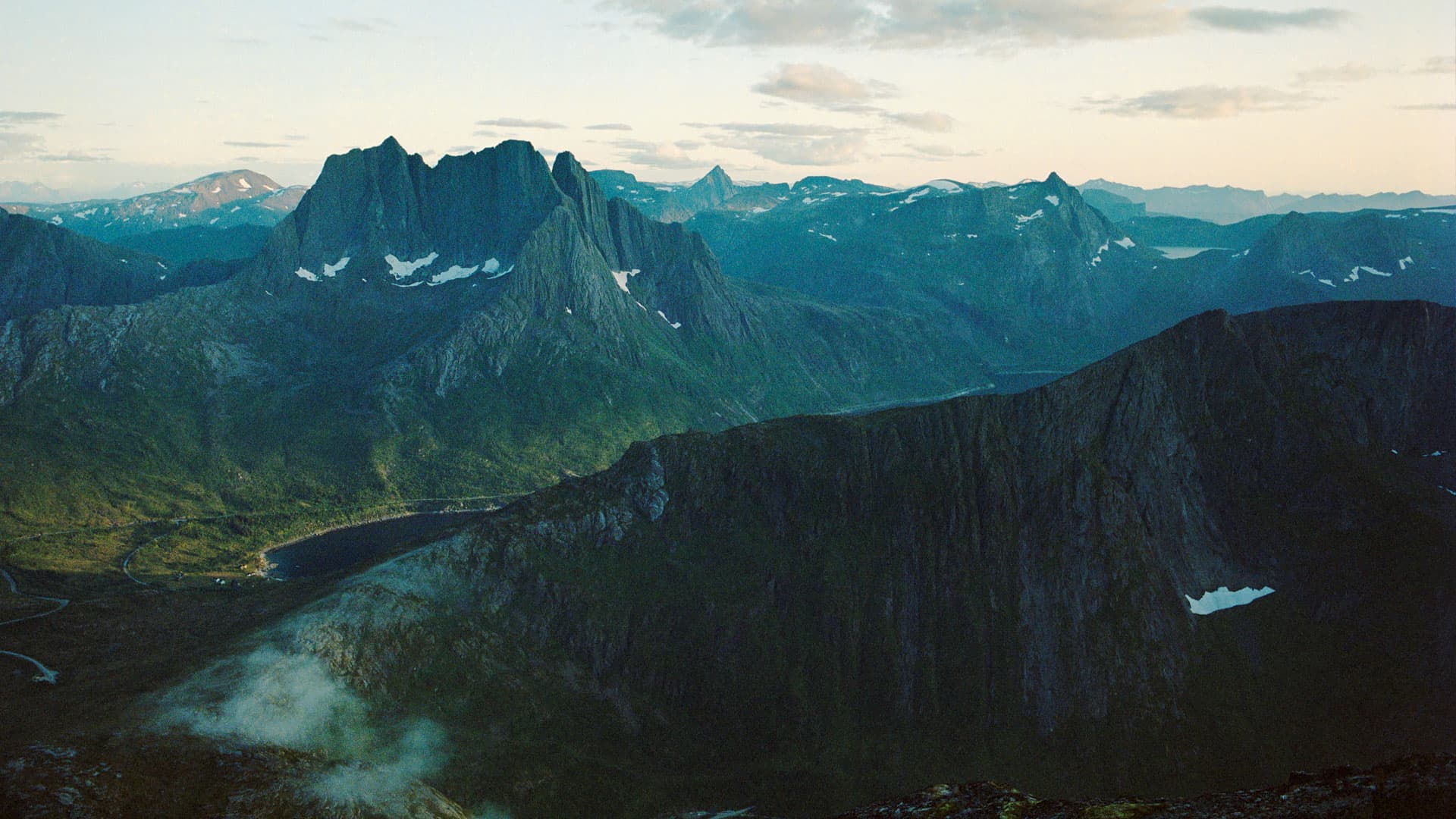 Scenic view on Senja Island from mountains at sunset