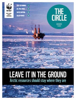 Cover of The Circle magazine. Picture of an oil platform in sea ice, Alaska.