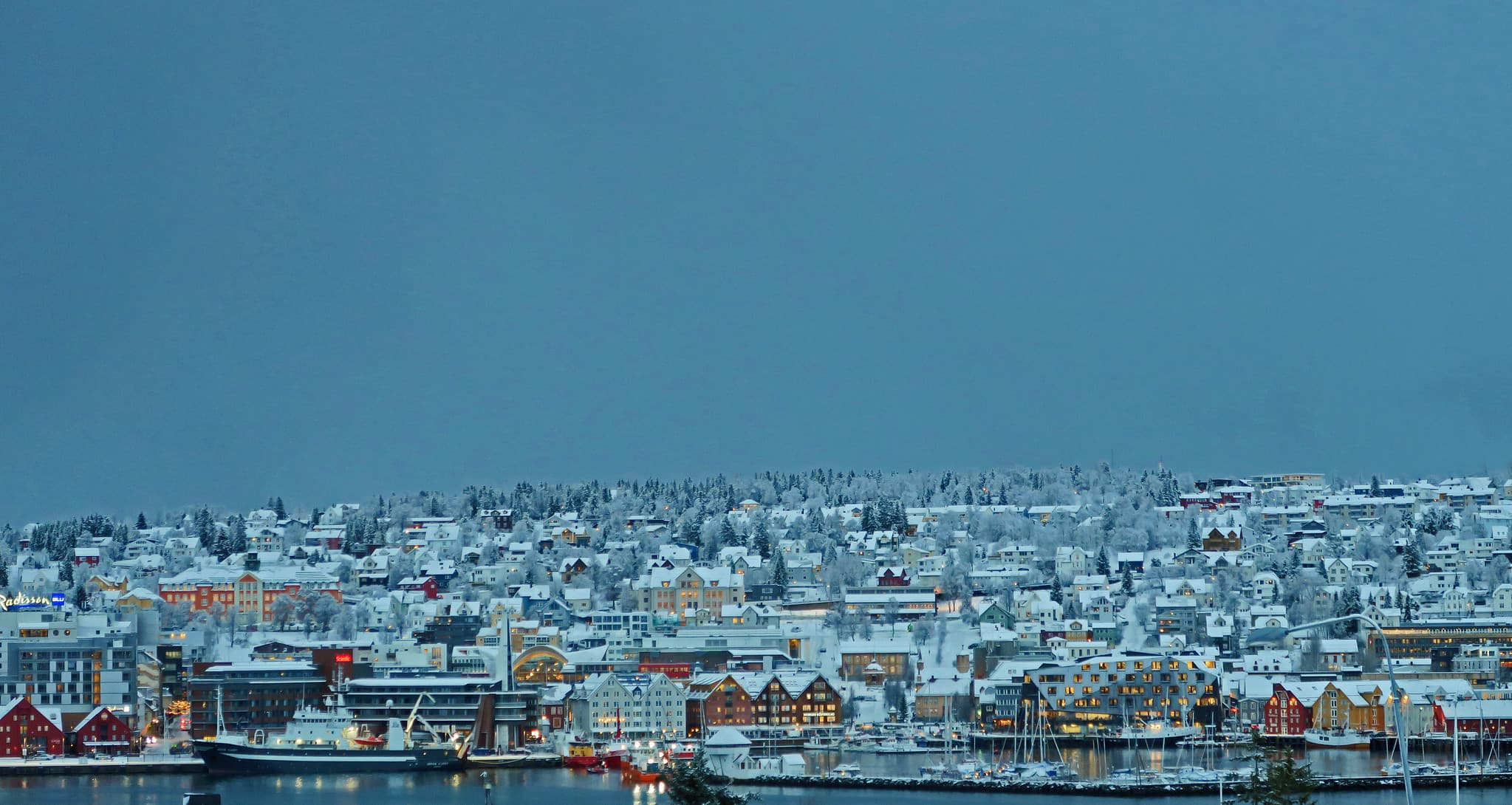 Tromsø, Norway shoreline at dusk.