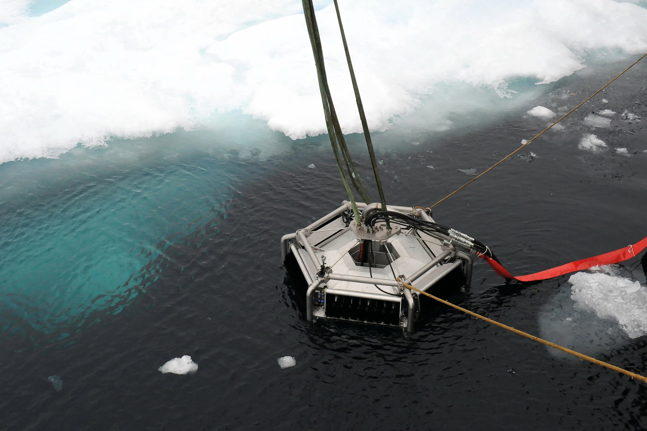 An oil skimmer floats in the Arctic Ocean near Barrow, Alaska, as part of a 2012 US military exercise called Arctic Edge.