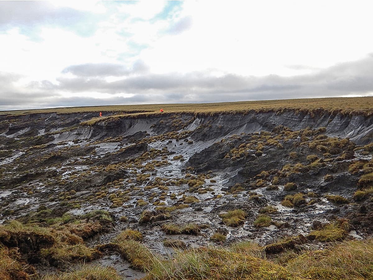 Researchers work on an eroding permafrost cliff on Siberia's Bykovsky Peninsula.