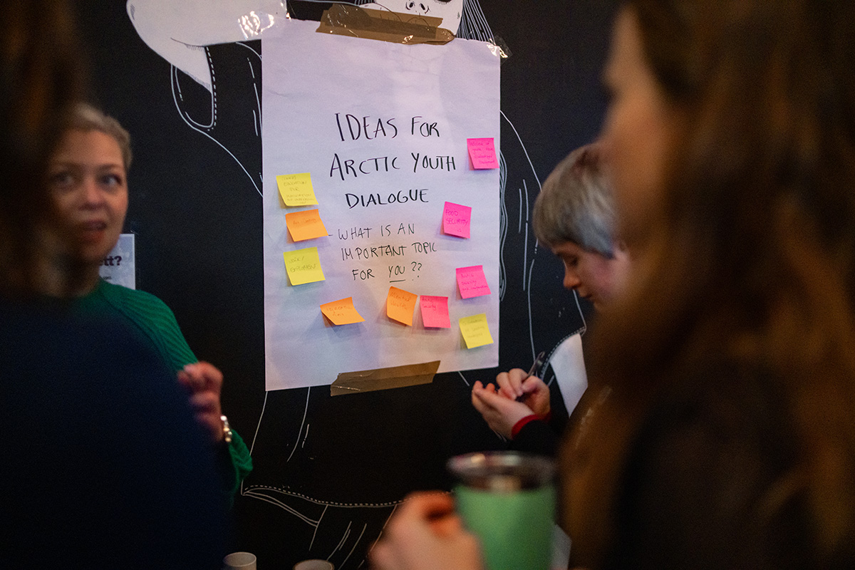 Sticky notes with ideas for the Arctic Youth Dialogues. People are reading and discussing the sticky notes.