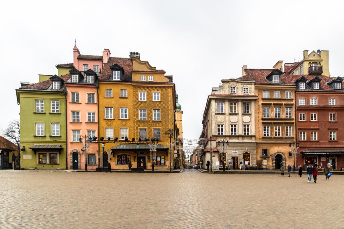 Colourful old buildings on a city square in Warsaw, Poland