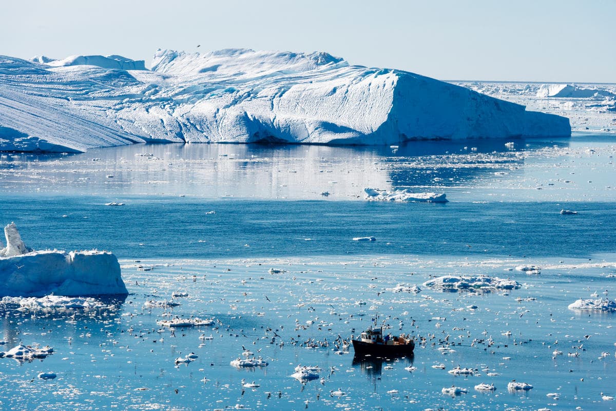 Photo of a boat by large and small icebergs.